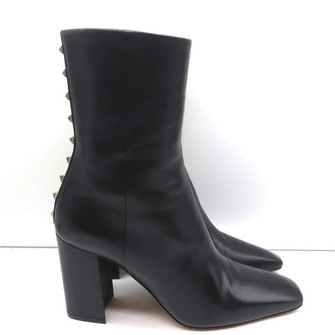 Valentino Rockstud Trim Mid-Calf Boots Black Leather Size 38 High Heel