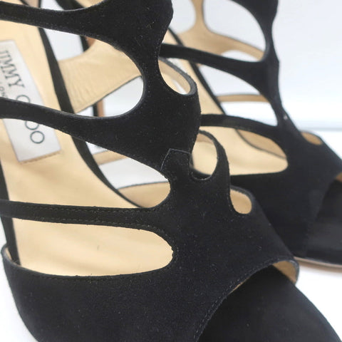 Jimmy Choo Ren Caged Sandals Black Cutout Suede Size 38.5 Peep Toe Booties
