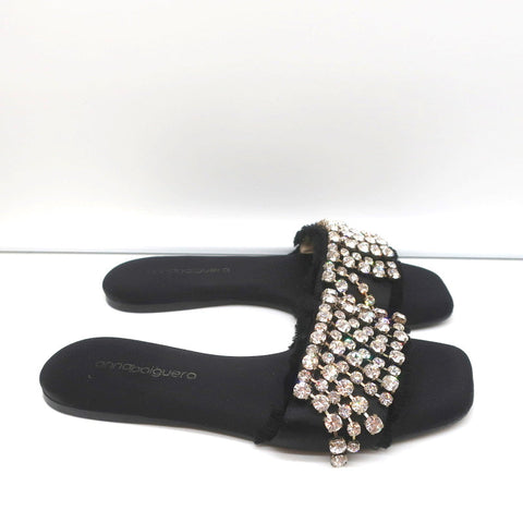 Anna Baiguera Crystal Fringe Slide Sandals Black Satin Size 38 Flat Mules
