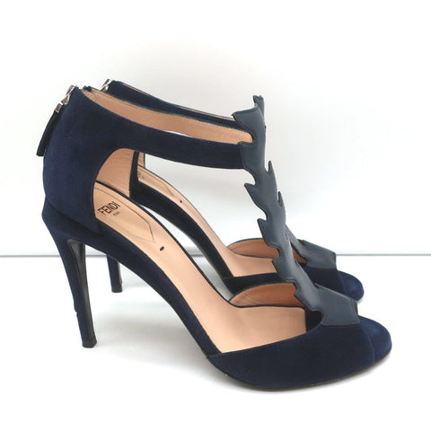 Fendi T-Strap Sandals Navy Suede & Leather Size 37.5 Peep Toe Heels