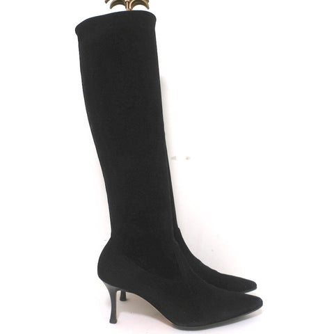 Manolo Blahnik Pascalare Knee High Boots Black Stretch Suede Size 37.5