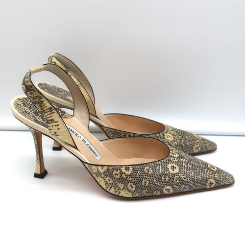 Manolo Blahnik Carolyne Slingback Pumps Ivory Lizard Size 38.5 Pointed Toe Heels