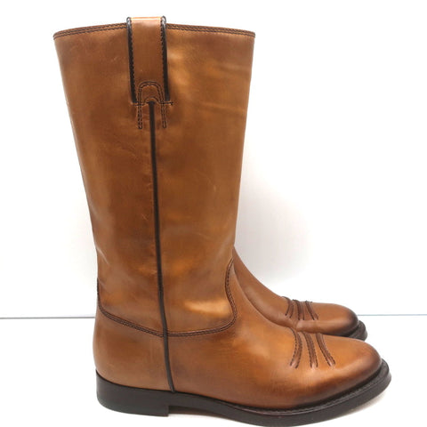 Gucci Riding Boots Brown Burnished Leather Size 37 Mid Calf Flat