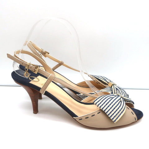 O Jour Asymmetric Bow Sandals Taupe Leather Size 41 Peep Toe Slingback Heels