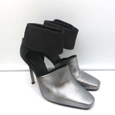 Vic Matie Metal Heel Pumps Black Nubuck & Silver Metallic Leather Size 37.5