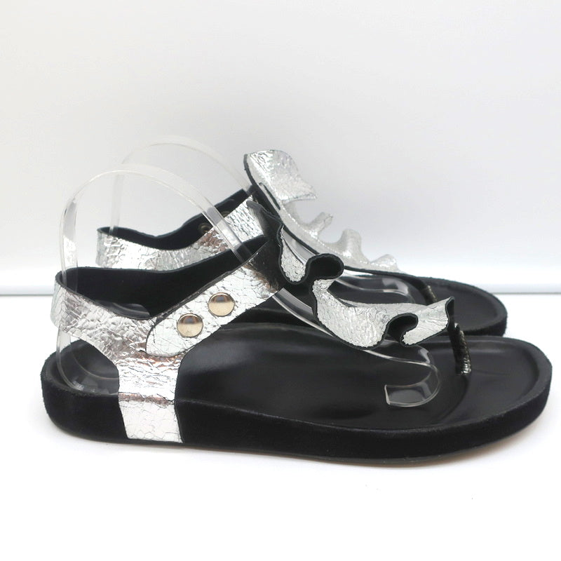 Isabel Marant Leakey Ruffle Sandals Silver Metallic Leather Size 41
