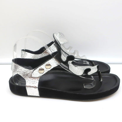 Isabel Marant Leakey Ruffle Sandals Silver Metallic Leather Size 41