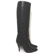 Hermes Knee High Boots Brown-Trimmed Black Leather Size 36 High Heel