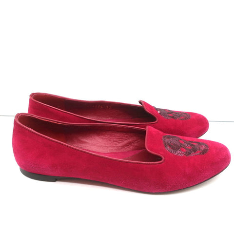 Alexander McQueen Sequin Skull Loafers Magenta Suede Size 37 Slip-On Flats