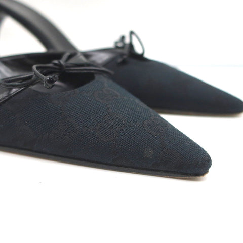 Gucci Bow Mules Black Monogram Canvas & Leather Size 8 Pointed Toe Heels