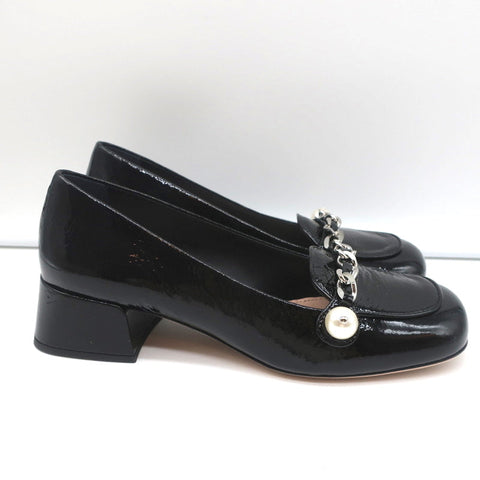 Miu Miu Chain Link Loafers Black Patent Leather Size 36.5 NEW