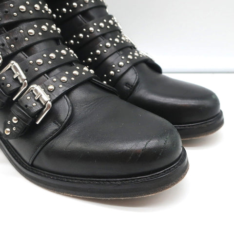 Maje Buckled Ankle Boots Black Studded Leather Size 37 Biker Boots