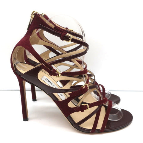 Jimmy Choo Strappy Sandals Burgundy Patent & Suede Size 39 Open Toe Heel NEW