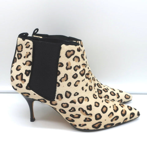Manolo Blahnik Chelsea Booties Dildi Cream Leopard Print Calf Hair Size 38 NEW