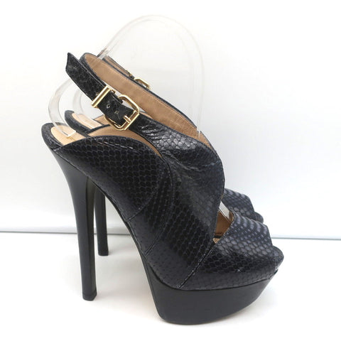Fendi Platform Peep Toe Sandals Black Snakeskin Size 38.5 Slingback Heels