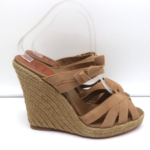 Christian Louboutin Delfin 120 Platform Espadrille Wedges Brown Ribbon Size 40