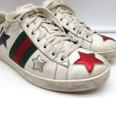 Gucci Ace Stars Low Top Sneakers White & Metallic Leather Size 36