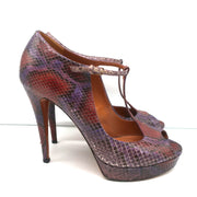 Gucci Platform T-Strap Pumps Purple Snakeskin Size 40 Peep Toe Heels