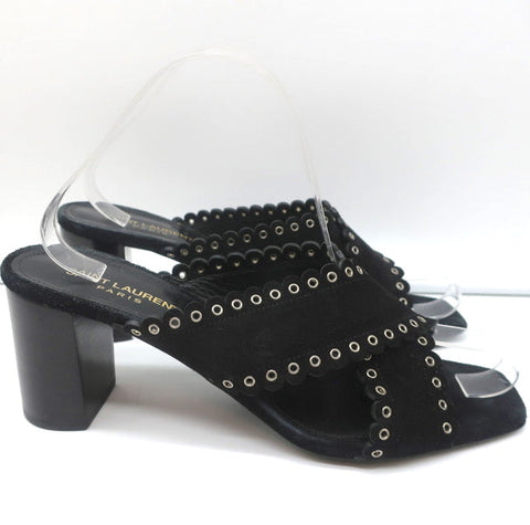 Saint Laurent Loulou Slide Sandals Black Eyelet-Trim Suede Size 39.5 High Heel