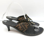 Fendi Zucca Thong Sandals Brown with Black Leather Size 36.5 Kitten Heel Slides