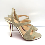 Christian Louboutin Vavazou Asymmetric Sandals Gold Glitter & Leather Size 38