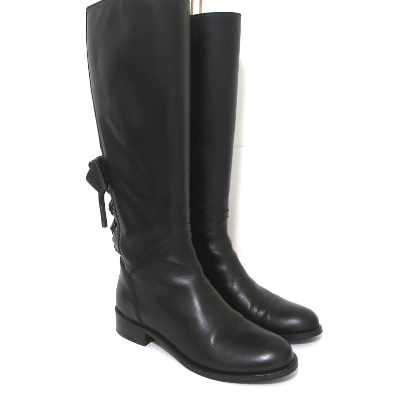 Valentino Ascot Ribbon Lace-Up Riding Boots Black Leather Size 37 Knee High Flat