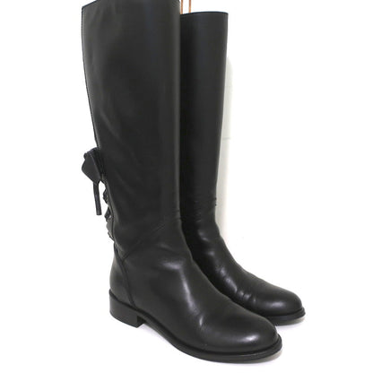 Valentino Ascot Ribbon Lace-Up Riding Boots Black Leather Size 37 Knee High Flat