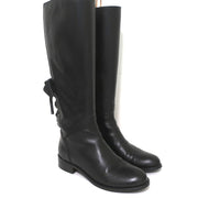 Valentino Ascot Ribbon Lace-Up Riding Boots Black Leather Size 37 Knee High Flat