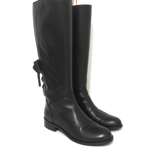 Valentino Ascot Ribbon Lace-Up Riding Boots Black Leather Size 37 Knee High Flat