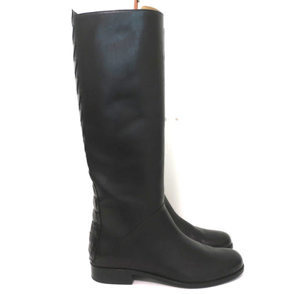Fendi Riding Boots Black Croc-Trim Leather Size 36 Flat Knee High Boots
