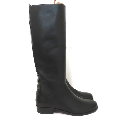 Fendi Riding Boots Black Croc-Trim Leather Size 36 Flat Knee High Boots