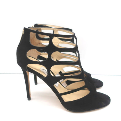 Jimmy Choo Ren Caged Sandals Black Cutout Suede Size 38.5 Peep Toe Booties