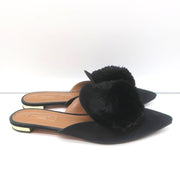 Aquazzura Powder Puff Pom Pom Mules Black Suede Size 38.5 Pointed Toe Flats