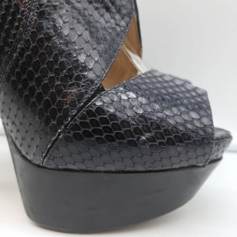Fendi Platform Peep Toe Sandals Black Snakeskin Size 38.5 Slingback Heels