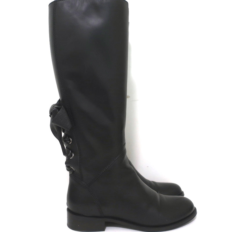 Valentino Ascot Ribbon Lace-Up Riding Boots Black Leather Size 37 Knee High Flat