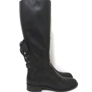 Valentino Ascot Ribbon Lace-Up Riding Boots Black Leather Size 37 Knee High Flat