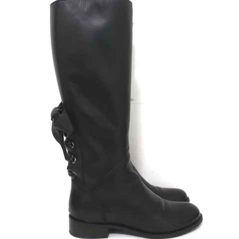 Valentino Ascot Ribbon Lace-Up Riding Boots Black Leather Size 37 Knee High Flat
