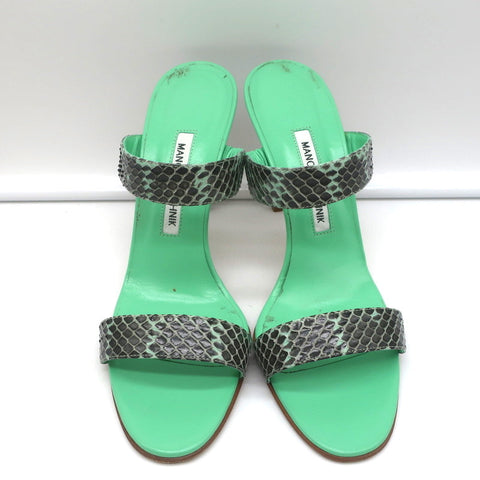 Manolo Blahnik Muluca Double-Band Slide Sandals Mint Snakeskin Size 38.5
