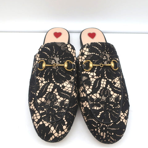 Gucci Princetown Horsebit Loafer Mules Black Lace Size 39