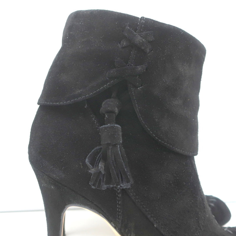 Manolo Blahnik Tassel Ankle Boots Black Suede Size 37 High Heel Booties