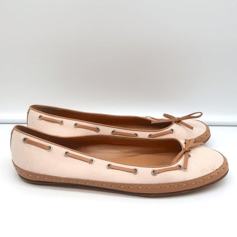Laced Bow Ballet Flats Very Light Pink Canvas & Tan Leather Size 39.5