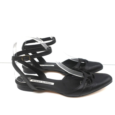 Manolo Blahnik Ankle Strap Flats Belfaba Black Cutout Leather Size 36.5