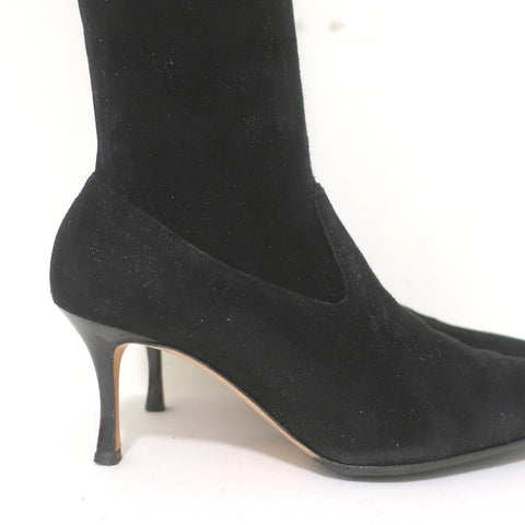 Manolo Blahnik Pascalare Knee High Boots Black Stretch Suede Size 37.5