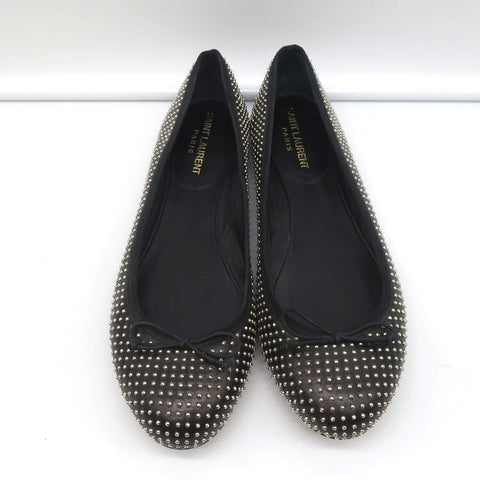 Saint Laurent Dance Ballet Flats Black Studded Leather Size 37.5