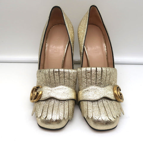 Gucci GG Marmont Fringed Pumps Gold Metallic Cracked Leather Size 36.5