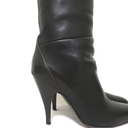 Hermes Knee High Boots Brown-Trimmed Black Leather Size 36 High Heel