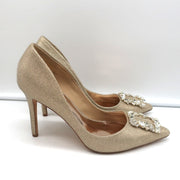 Badgley Mischka Cher Crystal Buckle Pumps Gold Glitter Satin Size 8