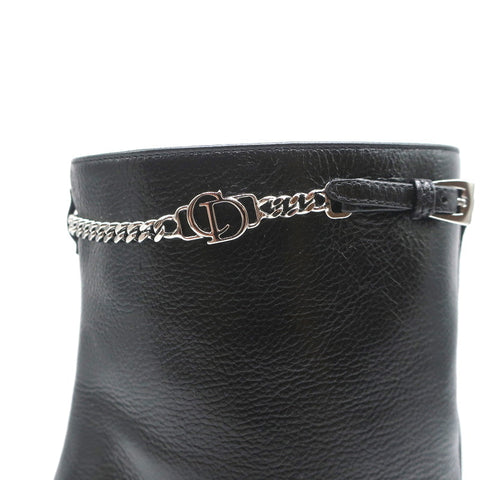 Christian Dior CD Chain Embellished Ankle Boots Black Leather Size 36 High Heel