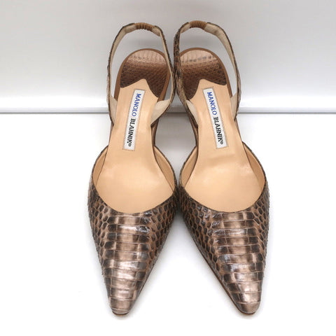 Manolo Blahnik Carolyne Slingback Pumps Brown Snakeskin Size 38.5 Pointed Toe