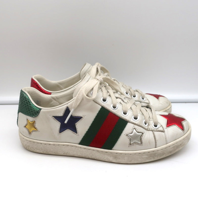 Gucci Ace Stars Low Top Sneakers White & Metallic Leather Size 36